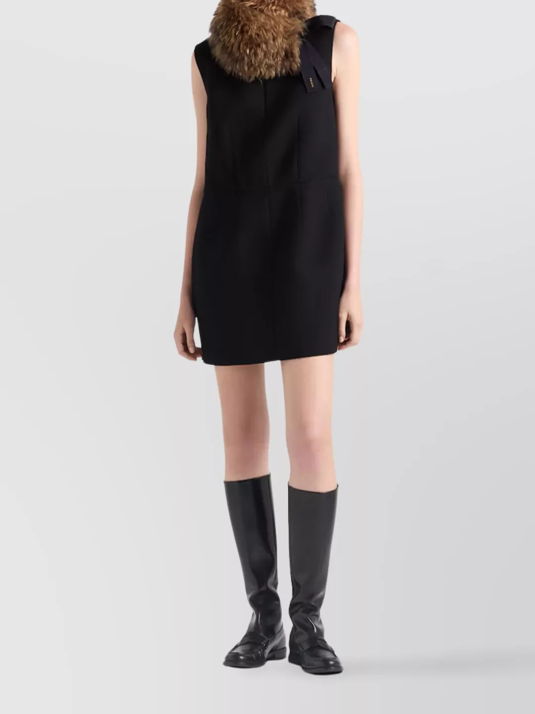 Prada Chic Sleeveless Dress Fur Collar In Black
