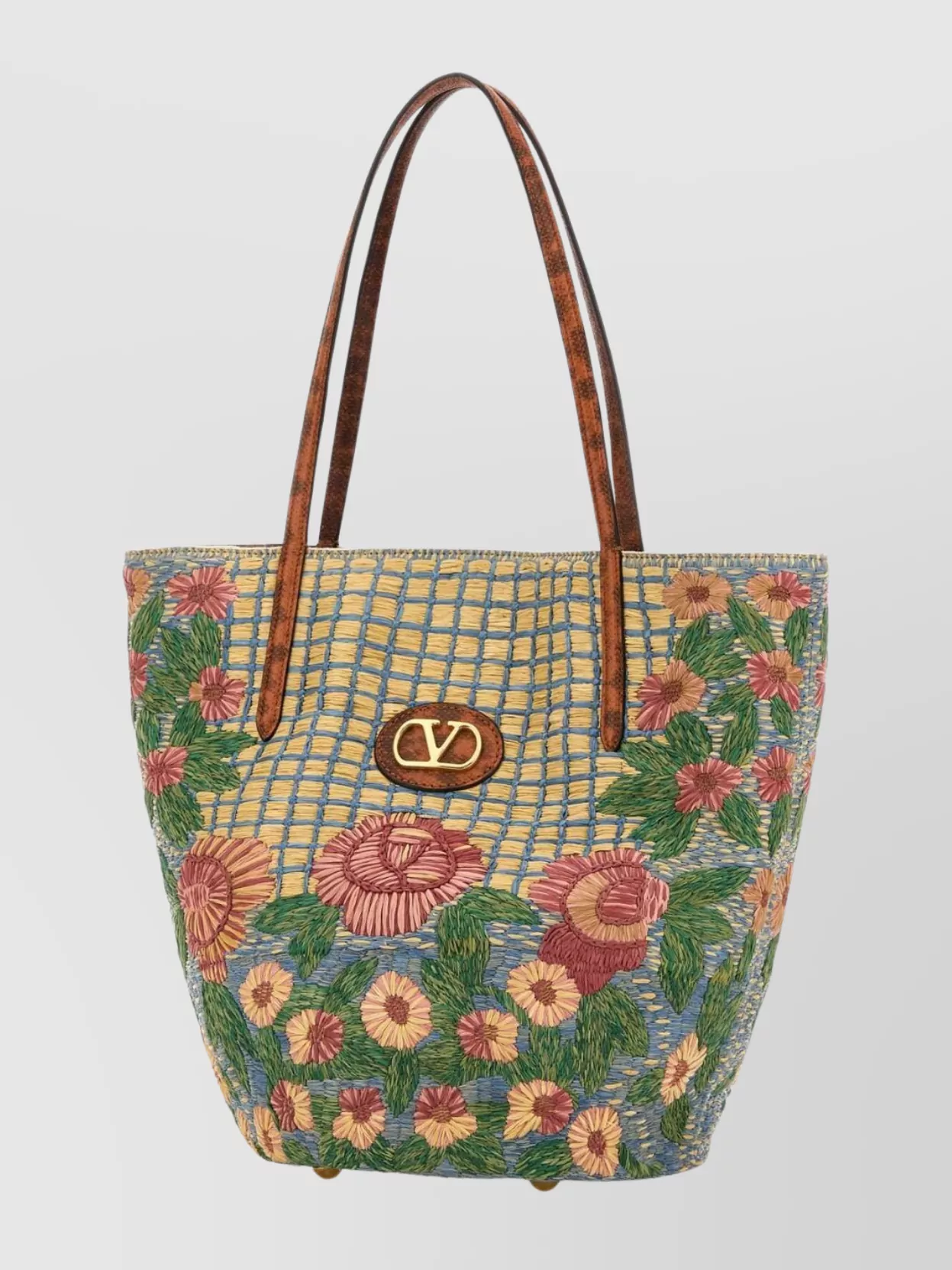 Valentino Garavani Embroidered Raffia Vlogo Signature Shopping Bag In Multi