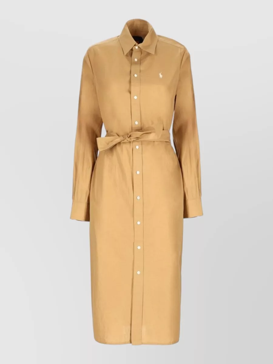 Polo Ralph Lauren Midi Dress Linen Cotton Belted Waist In Brown