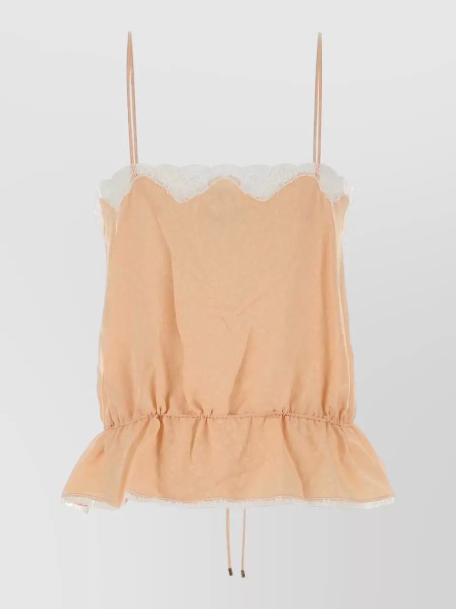 Chloé Silk Top Peplum Hem Spaghetti Straps Lace In Brown