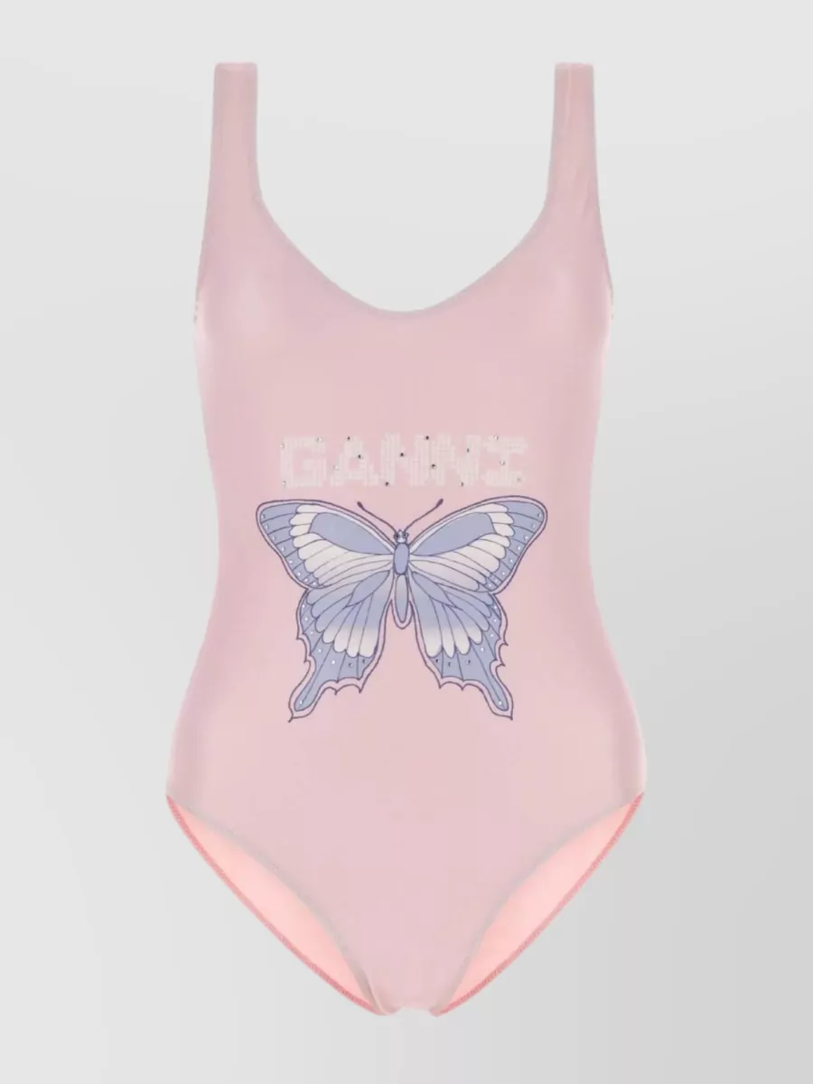 Shop Ganni Scoop Neckline Low Back Swimsuit With Butterfly Graphic In Pastel