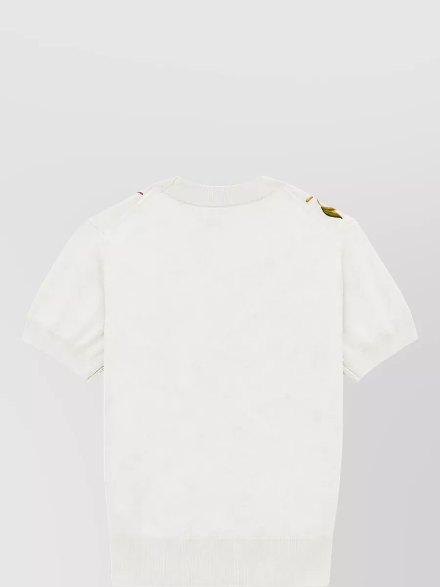 Kenzo Silk Wool Floral Embroidered Short Sleeve Ribbed Knit Top