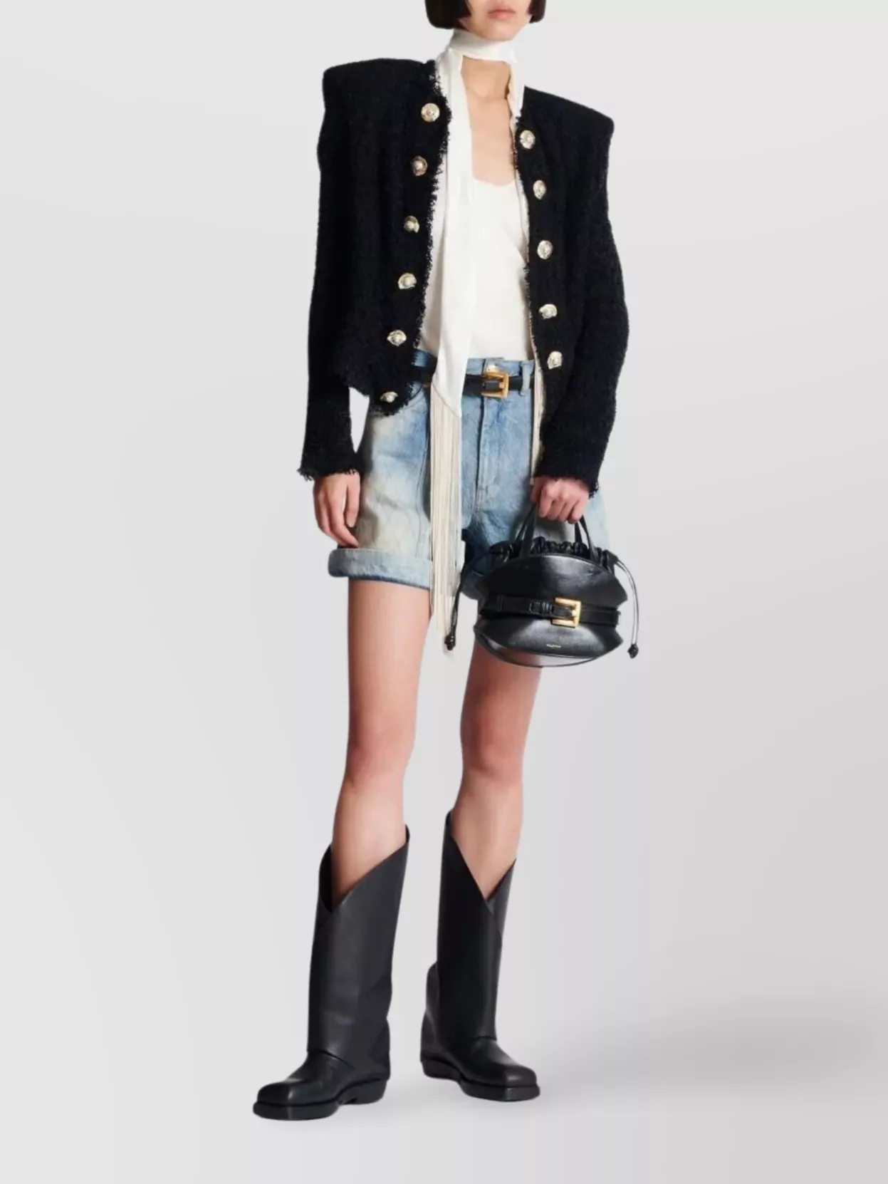 Shop Balmain Tweed Jacket With Frayed Edges And Gold-tone Buttons
