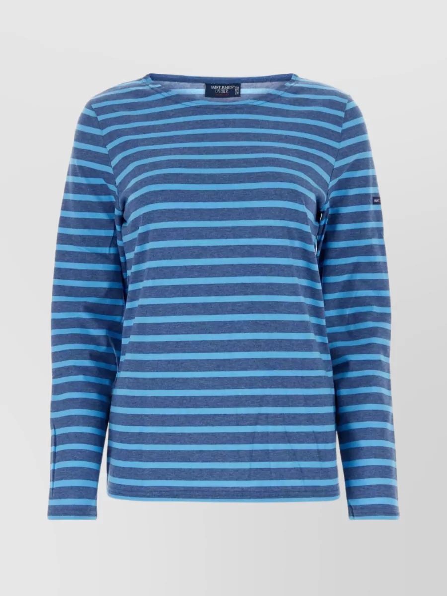 Shop Saint James Striped Embroidery Crew Neck Cotton T-shirt In Blue
