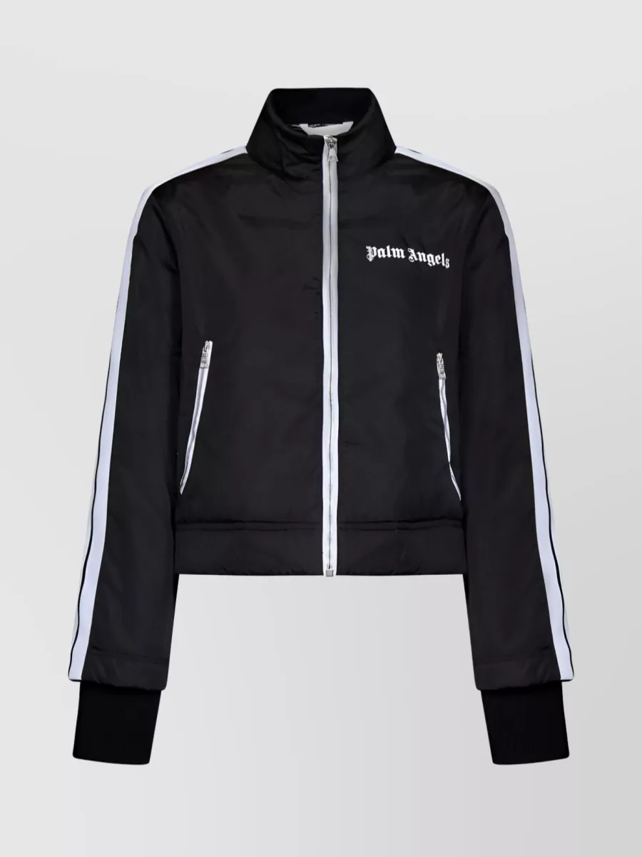 Shop Palm Angels Recycled Cropped Puffer Jacket With Logo Print In Black