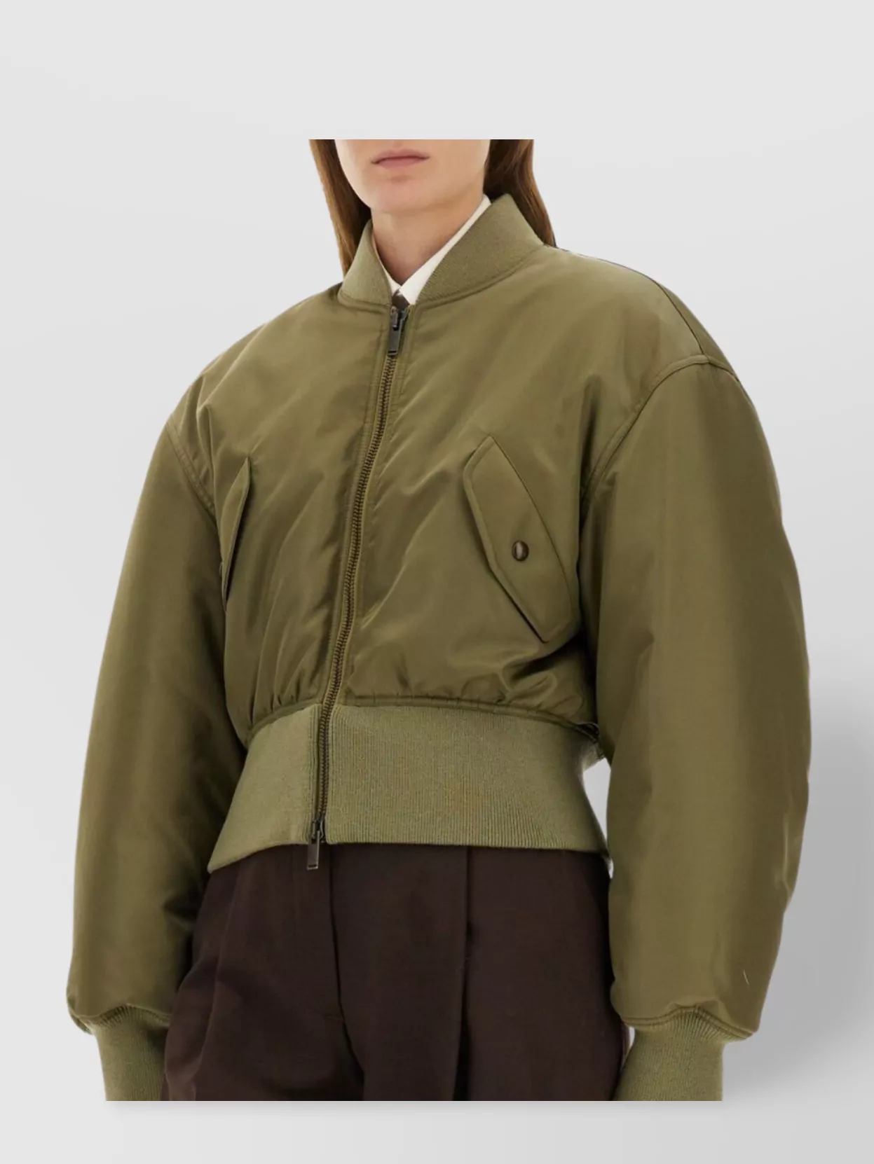 Saint Laurent Women Khaki Recycled Nylon Short Padded Bomber Jacket In Green