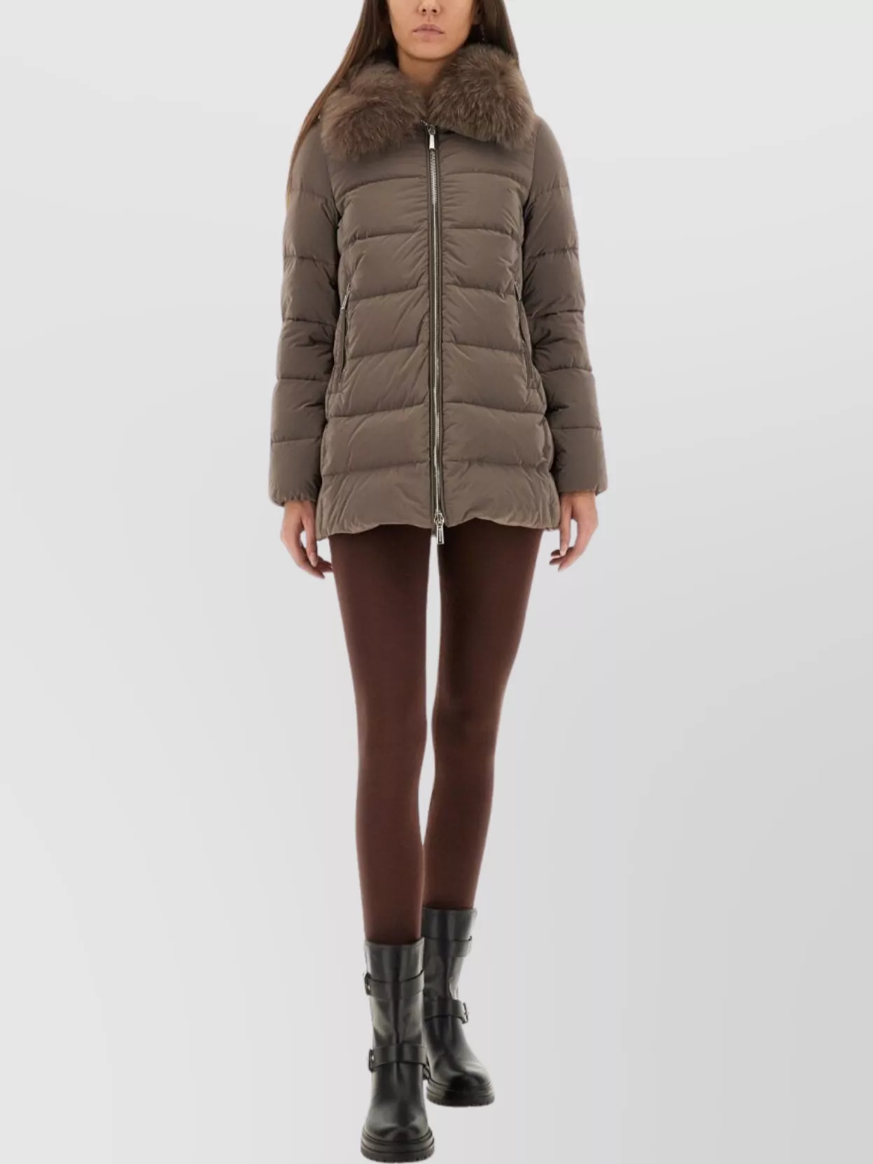 Moorer Long Padded Quilted Jacket With Fur Collar In Neutral