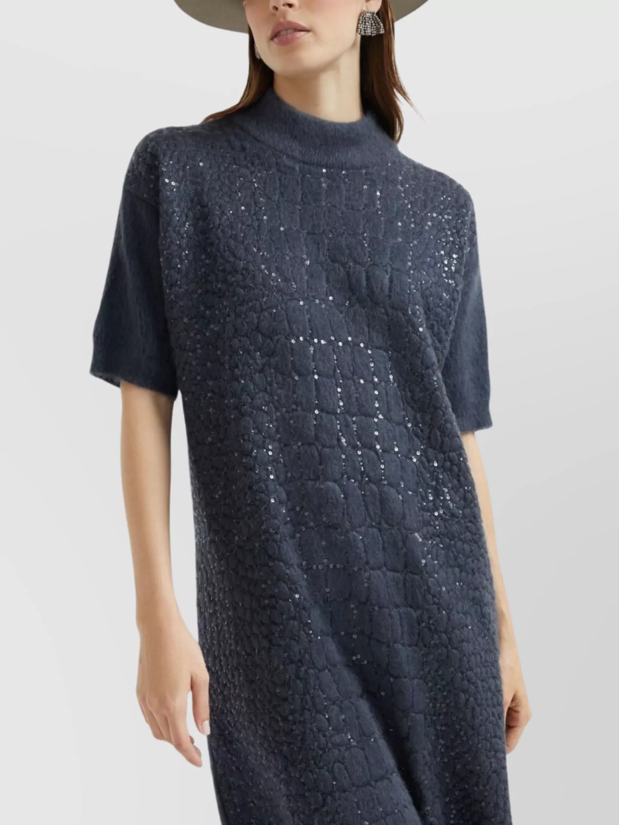 Brunello Cucinelli Textured Mohair Dress High Neck In Blue