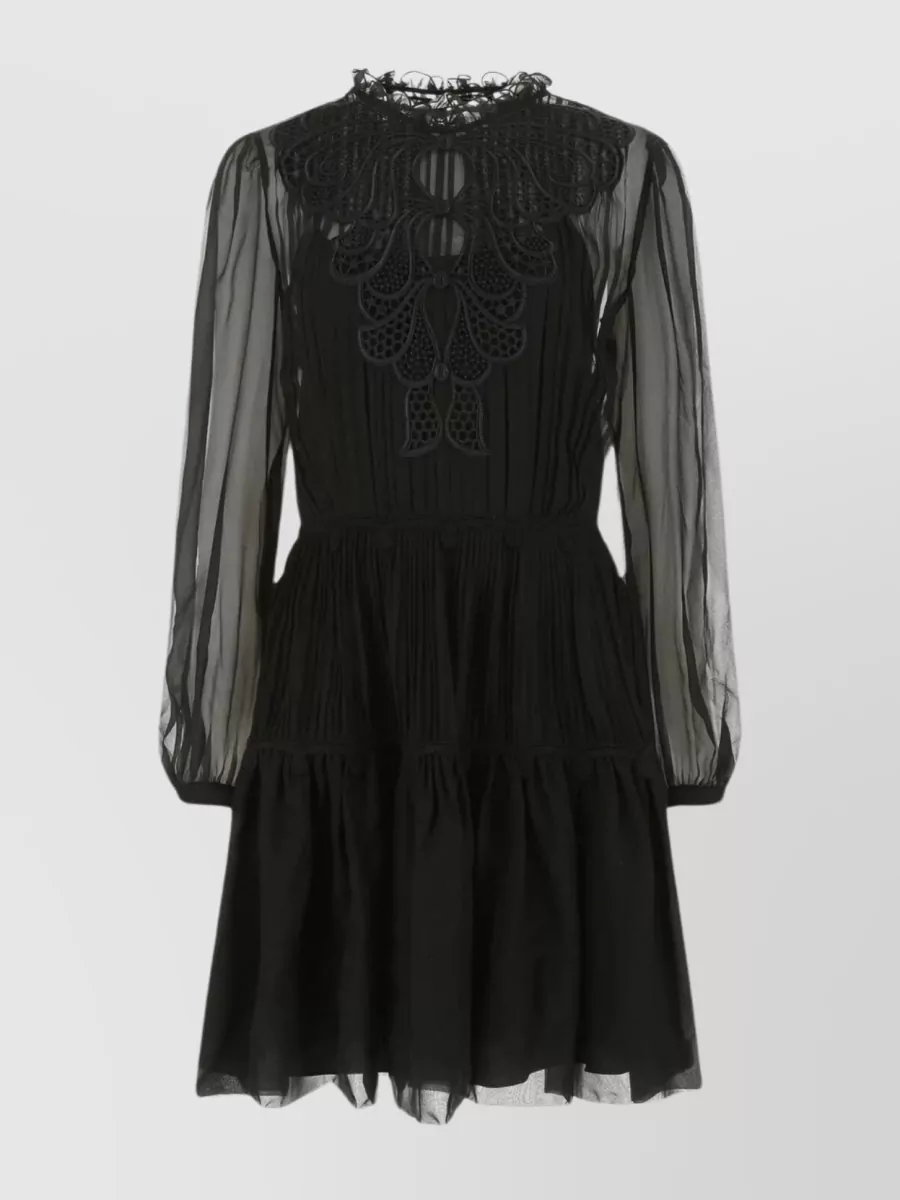 Shop Alberta Ferretti Chiffon Mini Dress With Embroidered Sheer Sleeves In Black