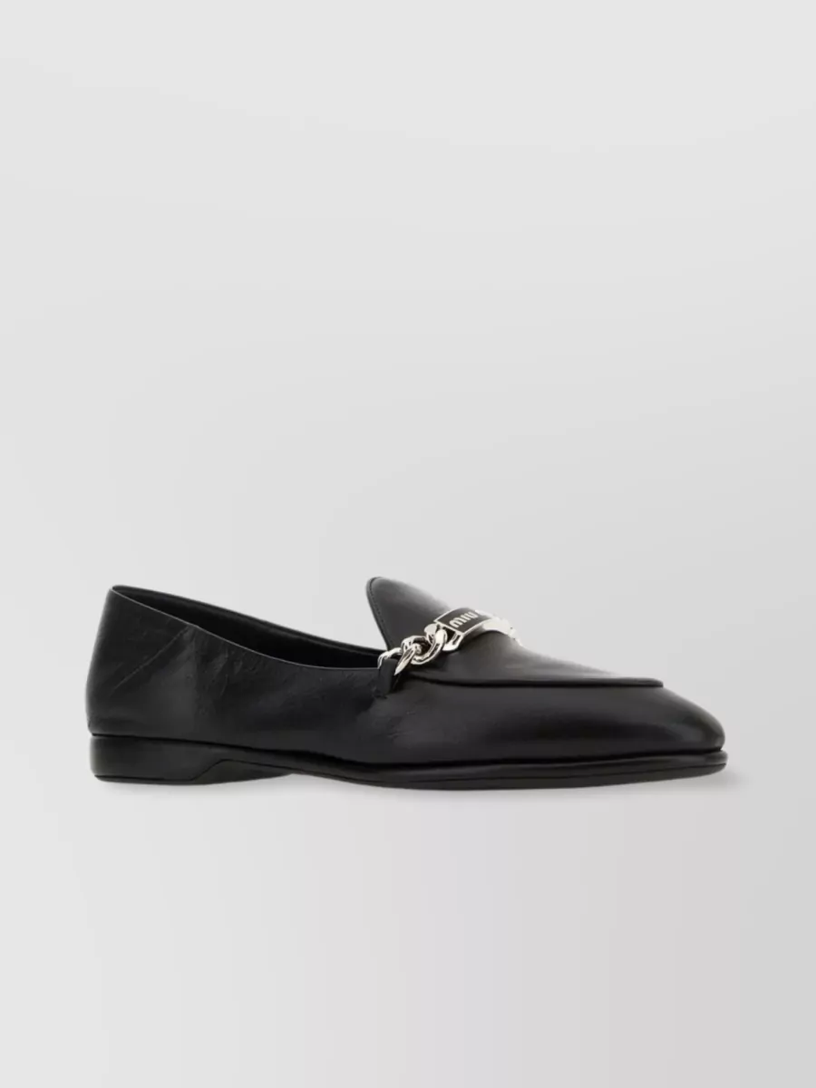 Shop Miu Miu Ovine Leather Loafers With Almond Toe And Metal Logo Detail In Black