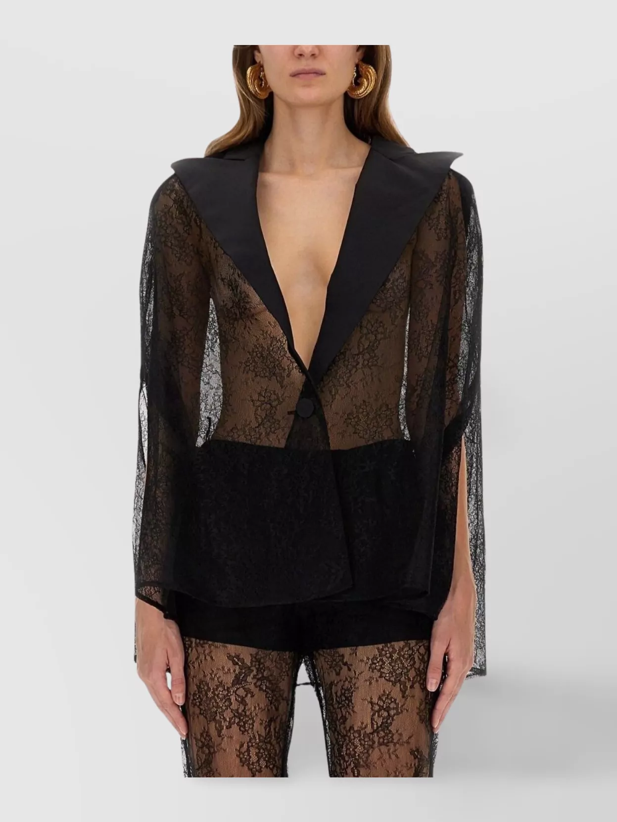 Nina Ricci Sheer Lace Deep V-Neck Long Sleeve Top