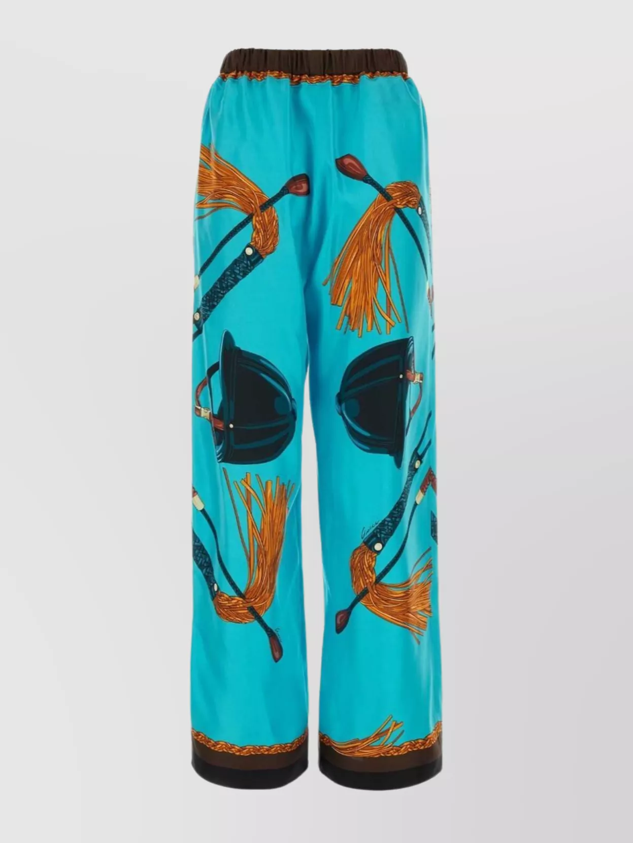 Gucci Equestrian-print Silk-twill Wide-leg Trousers In Turquoise Brown Mc