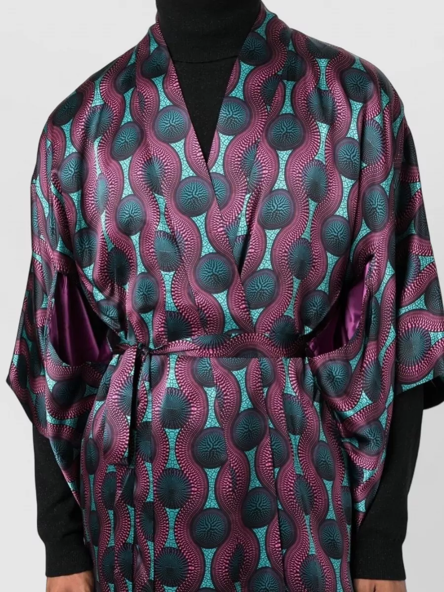 Ozwald Boateng Silk Geometric-Print Belted Long Kimono Jacket