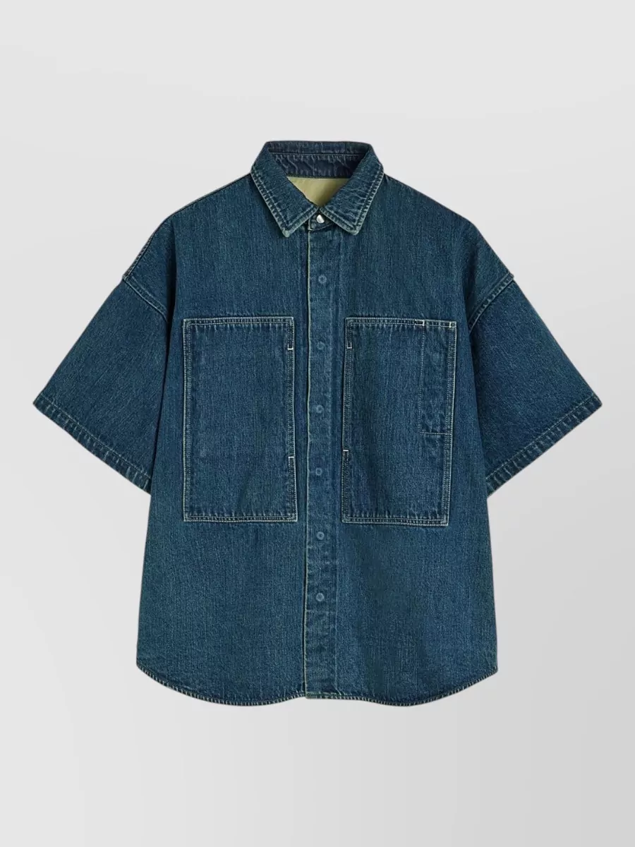 Jil Sander Plus Denim Paneled Crop-Sleeve Shirt