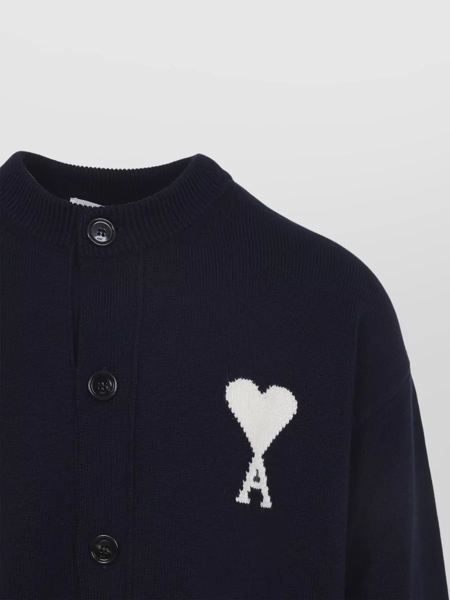 Ami Paris Crewneck Cardigan Ribbed Cuffs Hem Pockets