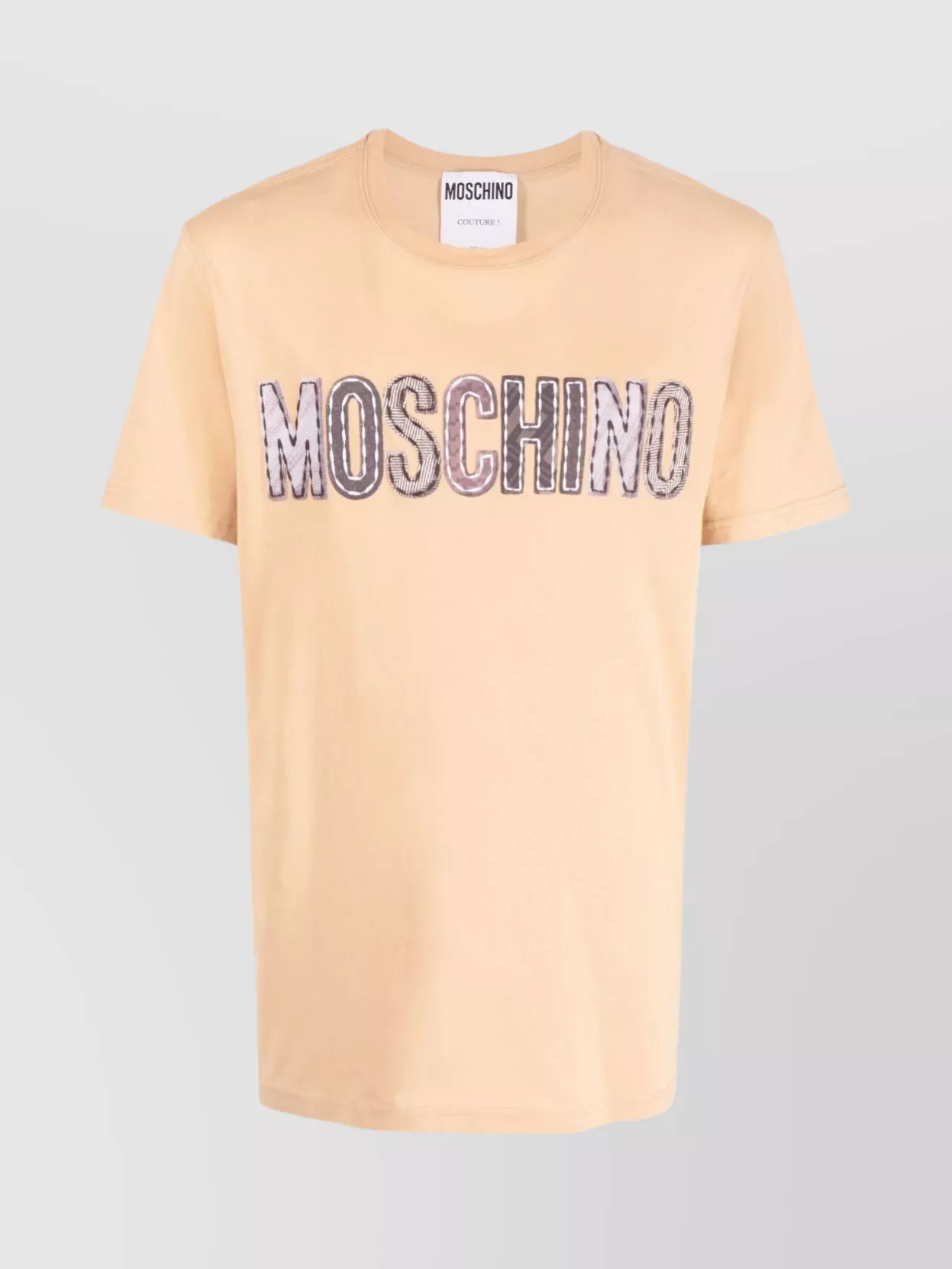 Shop Moschino Organic Cotton Crew Neck T-shirt With Logo Patch In Cream