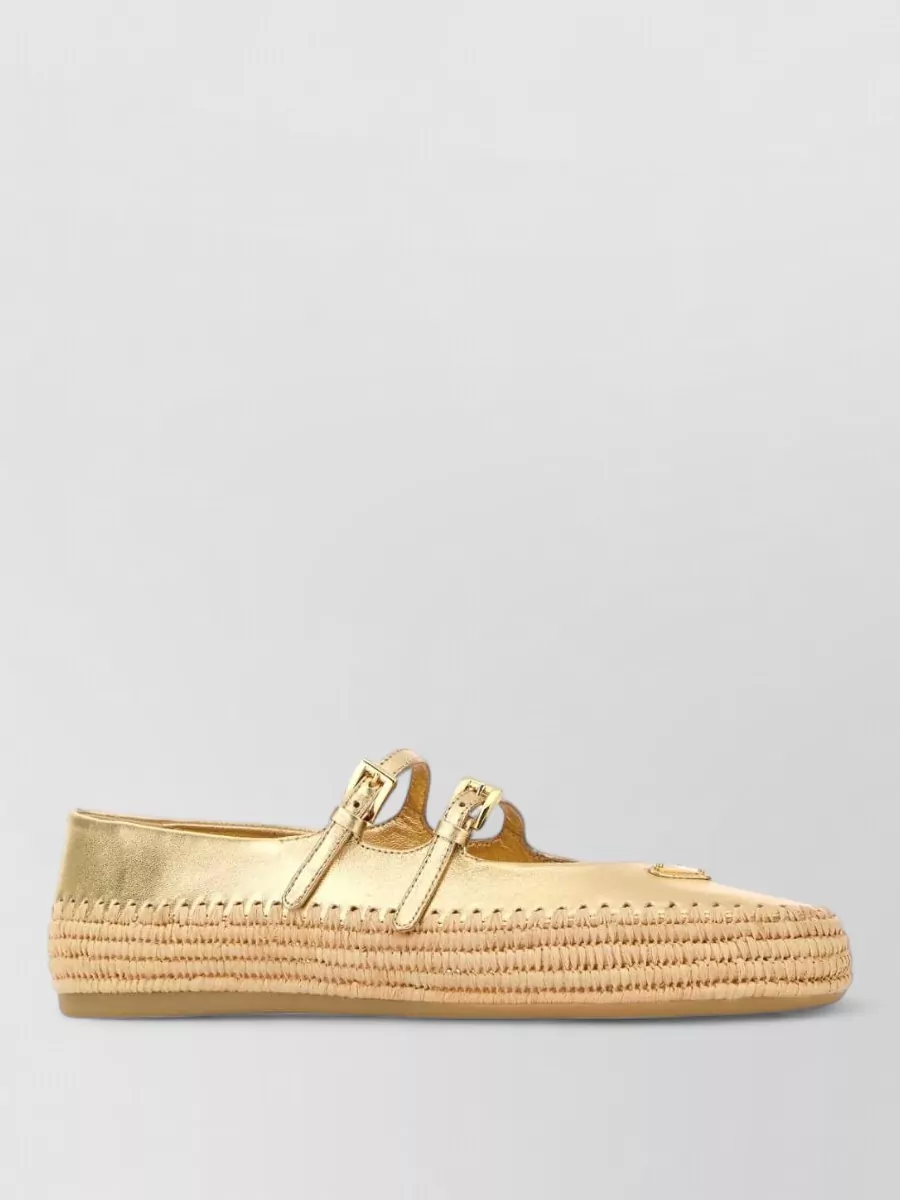 Prada Raffia And Leather Espadrilles Metallic Finish