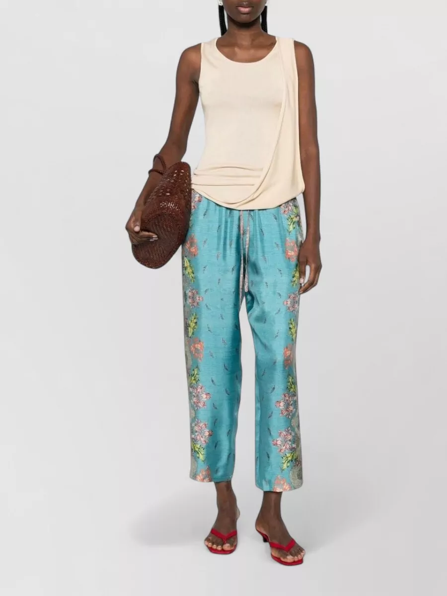 Pierre Louise Mascia Silk Trousers Cropped Floral Print Stripes