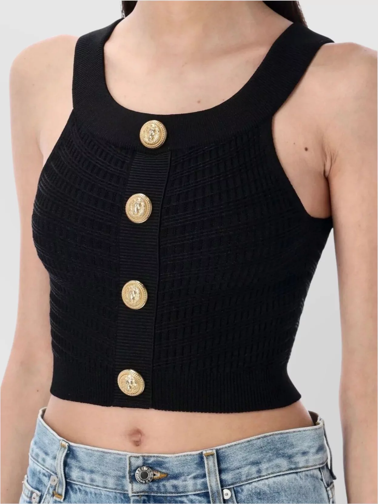 Balmain Ribbed Sleeveless Boat Neck T With Gold Buttons