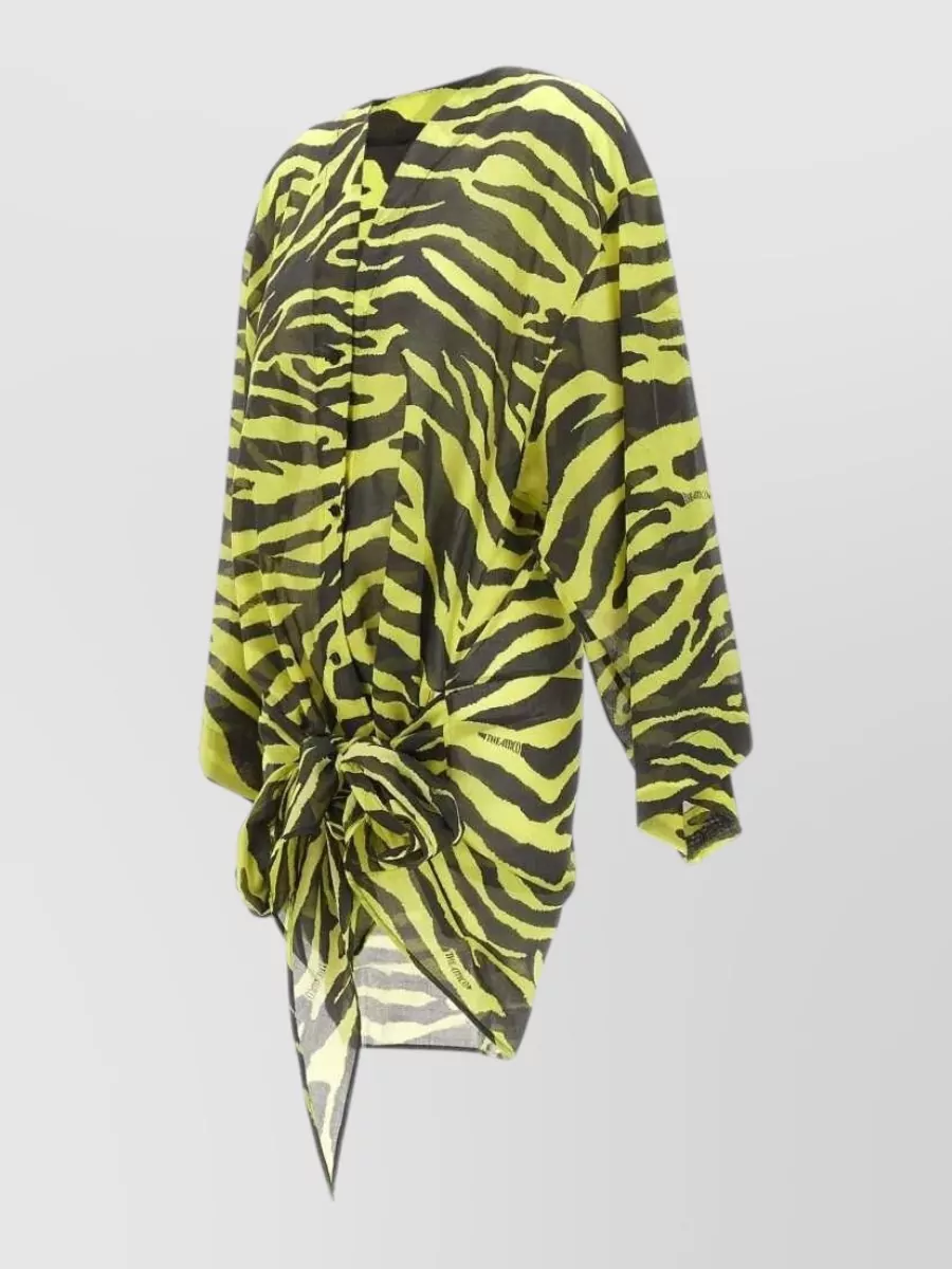 The Attico Cotton Zebra-Print V-Neck Long-Sleeve Wrap Mini Dress