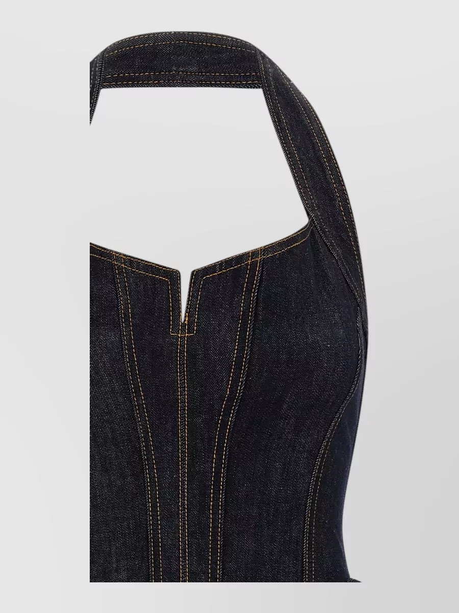 Self-Portrait denim halterneck flared mini dress