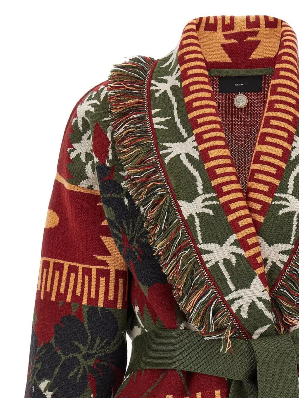 Alanui 'Hibiscus Bloom' Long Belted Cardigan With Fringed Trim
