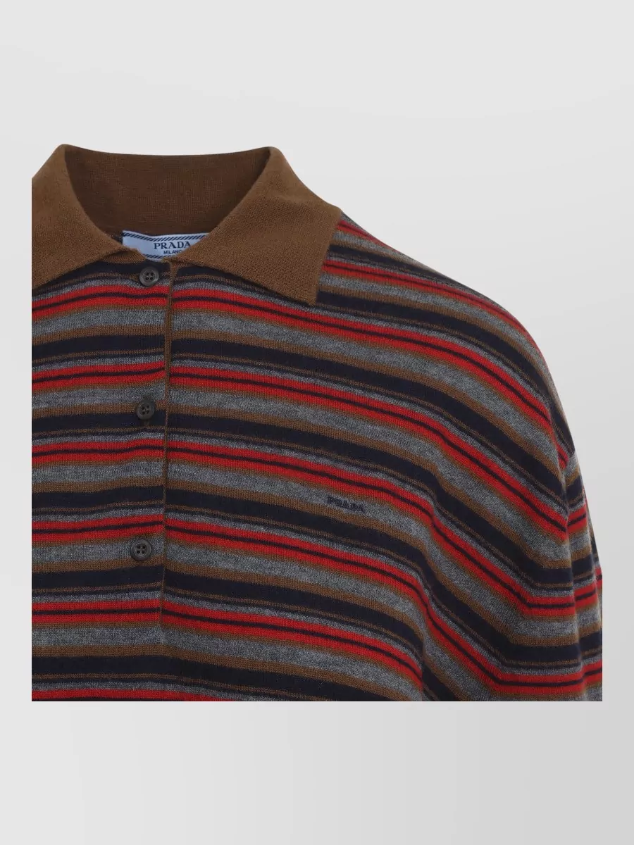 Prada Striped Cashmere Relaxed-Fit Long-Sleeve Polo Shirt
