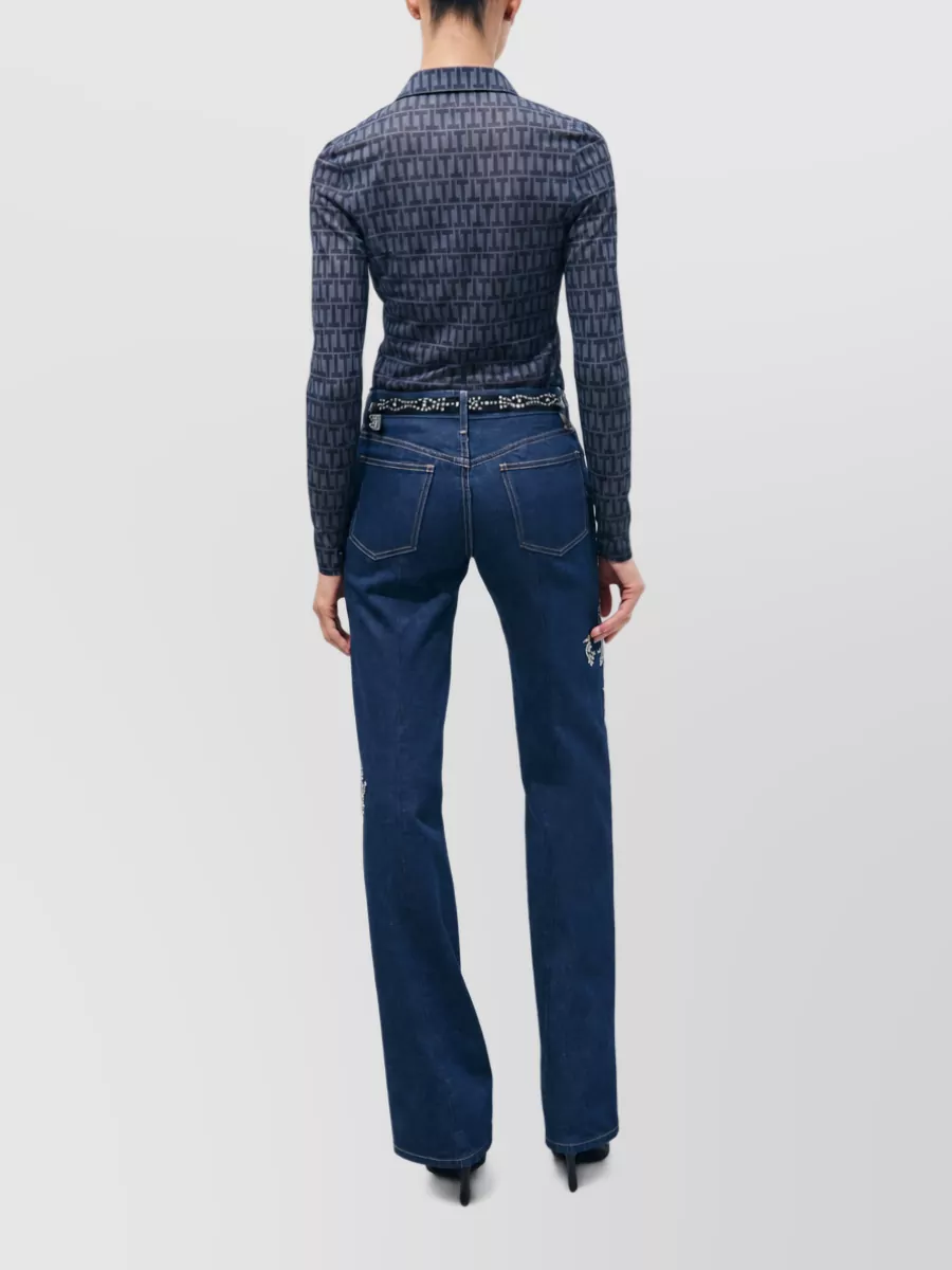 Tory Burch Embroidered Crystal-Embellished Denim Straight-Leg Jeans