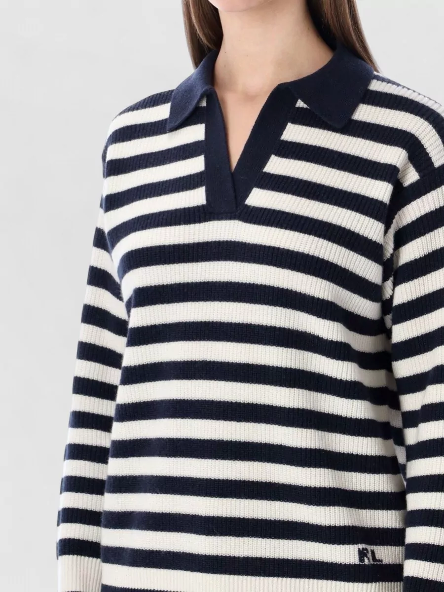 Ralph Lauren Striped Cashmere Marine Knit Polo Sweater