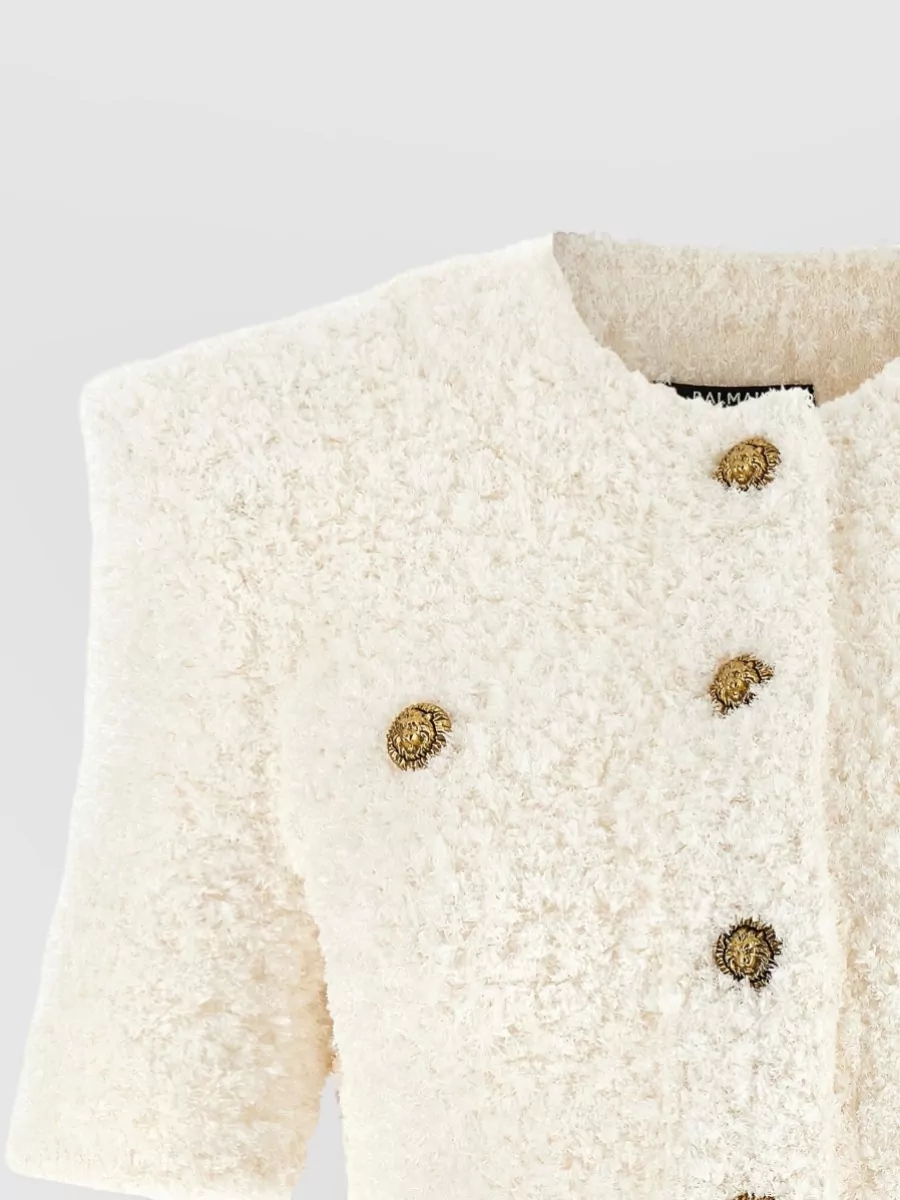 Balmain Cropped Tweed Short-Sleeve Cardigan