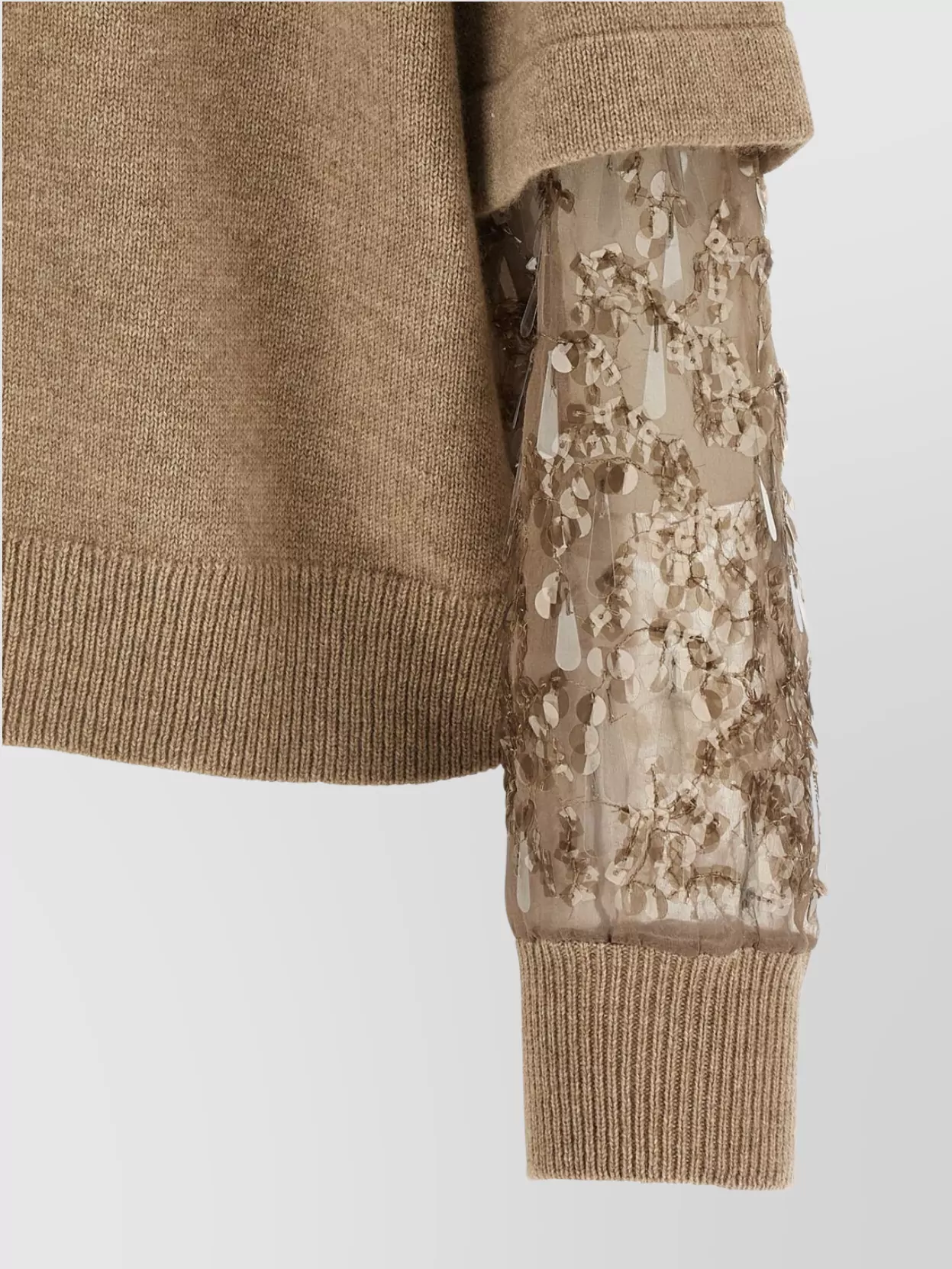 Brunello Cucinelli Cashmere Turtleneck Sweater With Sheer Sequined Sleeves In Brown