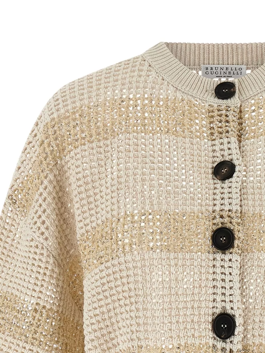 Brunello Cucinelli Striped Openwork Cropped Cotton Cardigan