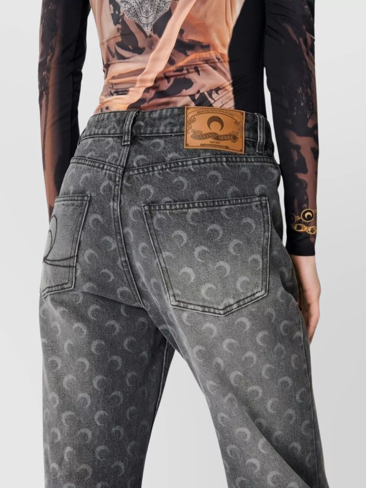 Marine Serre Cotton Jeans With Moon Print And Pockets In Black