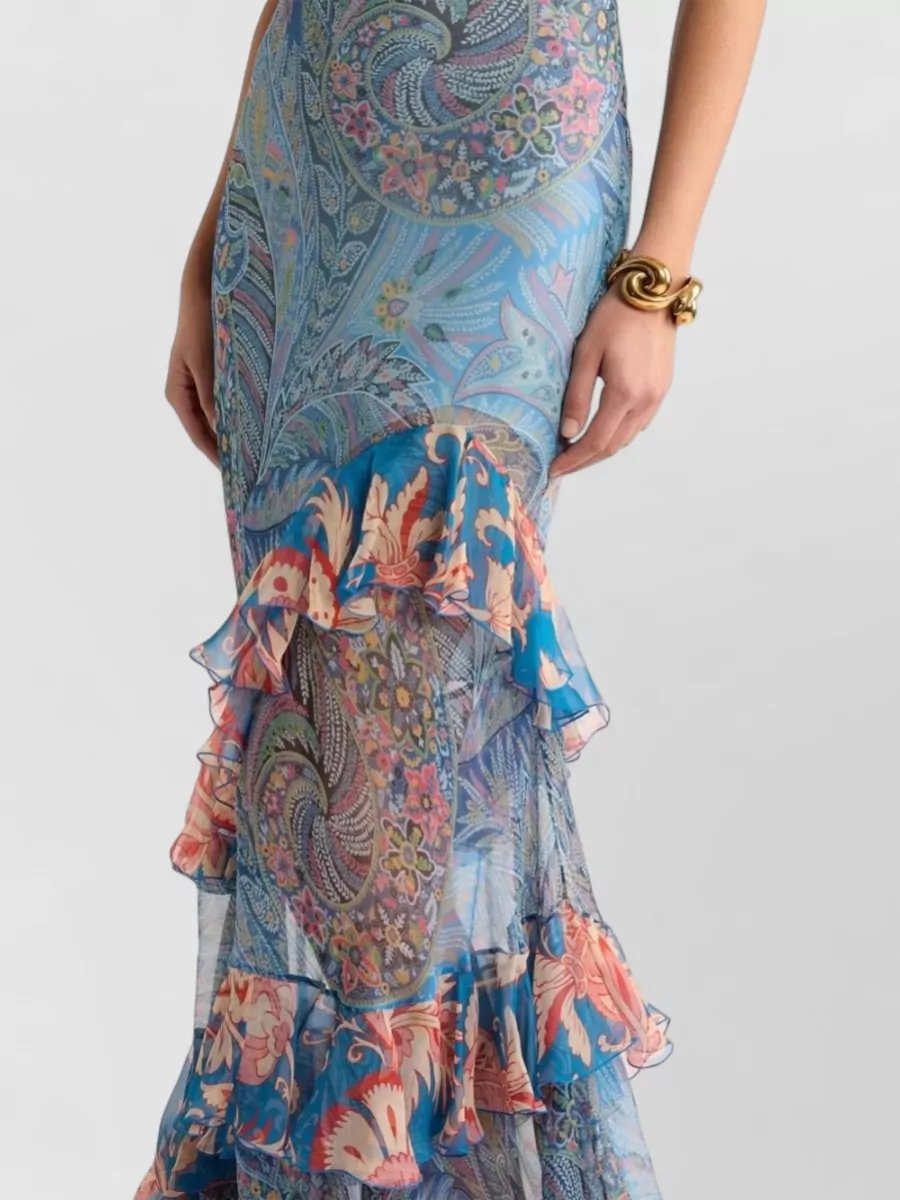 Etro Silk Floral-Print Ruffled Spaghetti-Strap V-Neck Maxi Dress