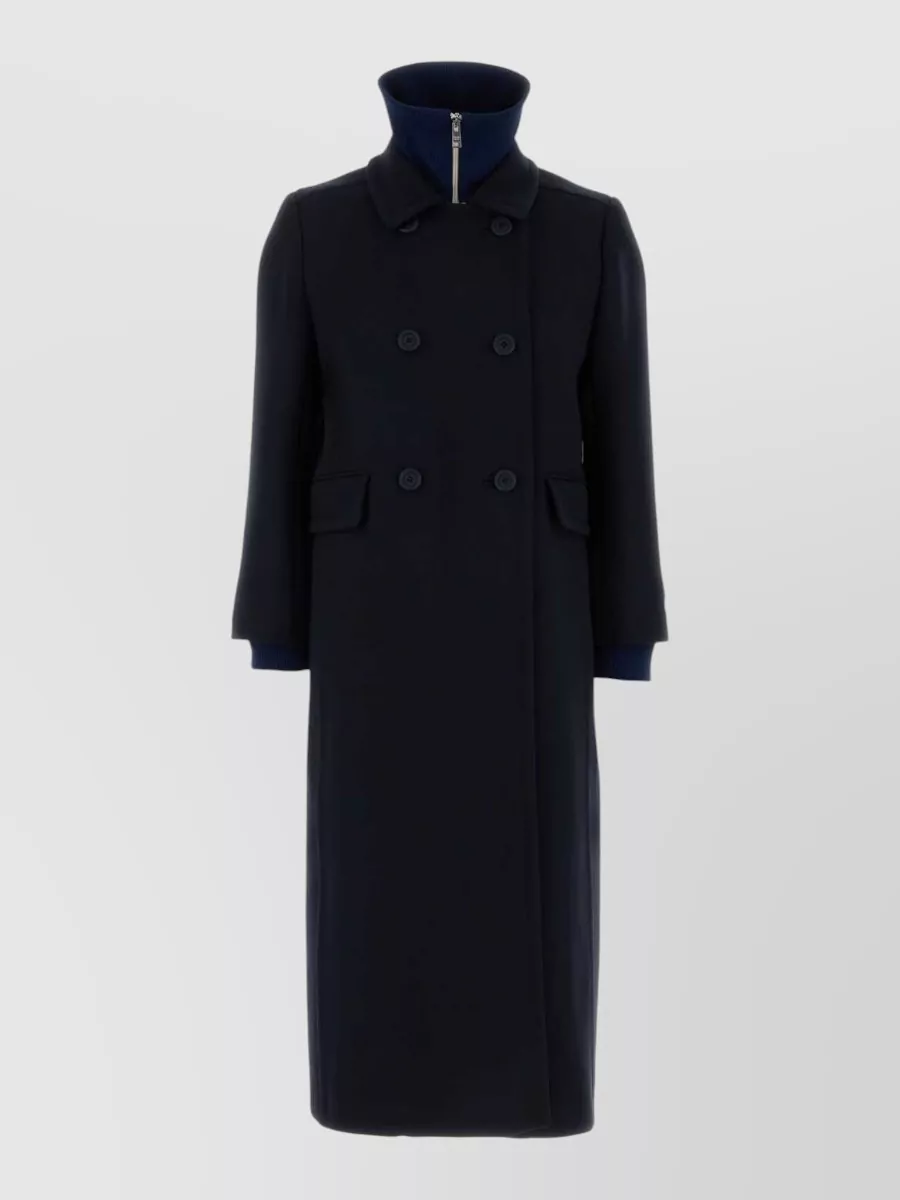 Prada Wool Coat With Long Length And High Collar In Black
