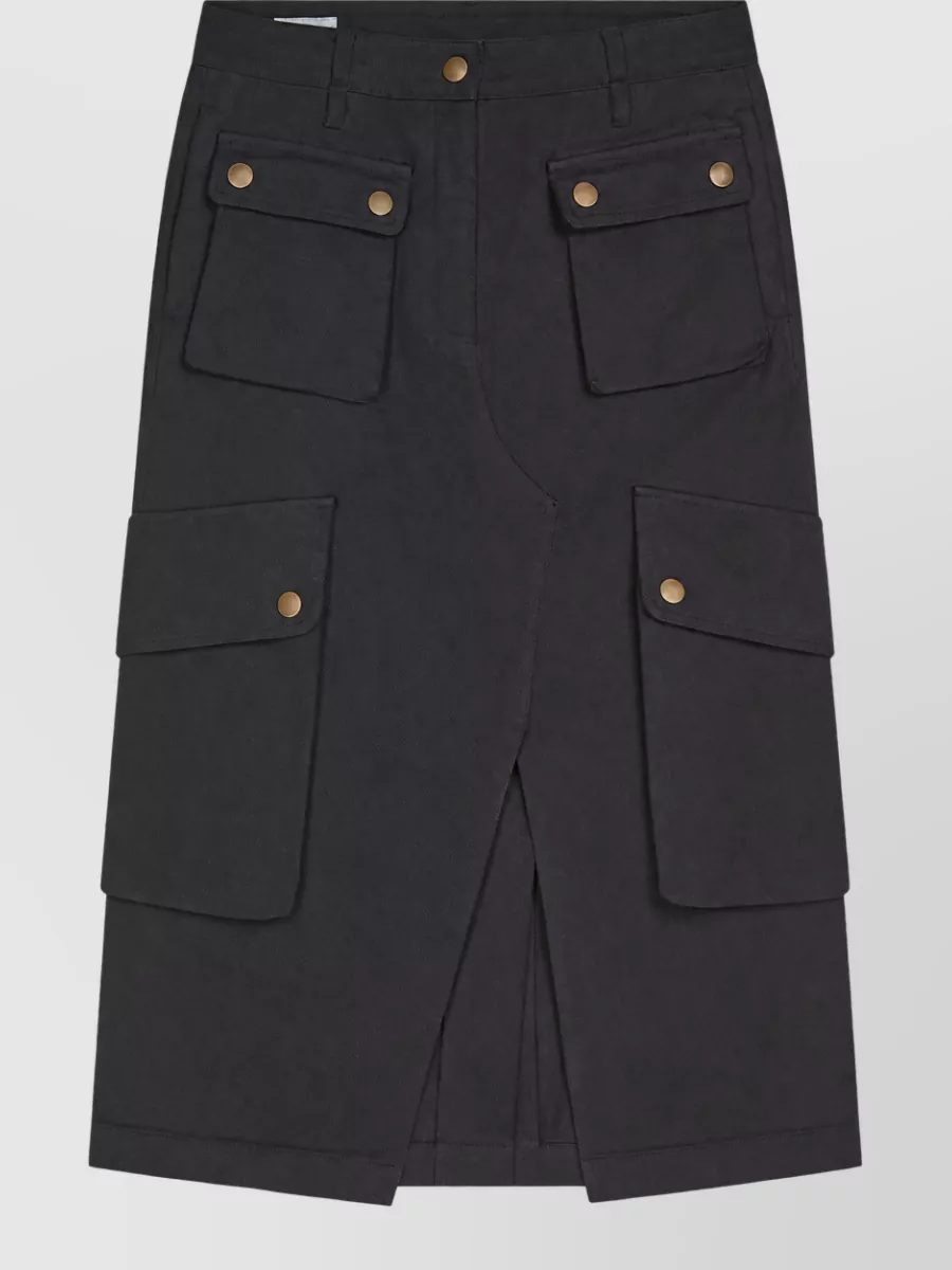 Dries Van Noten Knee-length cargo skirt — The charcoal cargo midi skirt mirrors the vest’s dark base tones and graphic utility edge, giving a structured, modern line that balances the knit’s texture without competing with it.