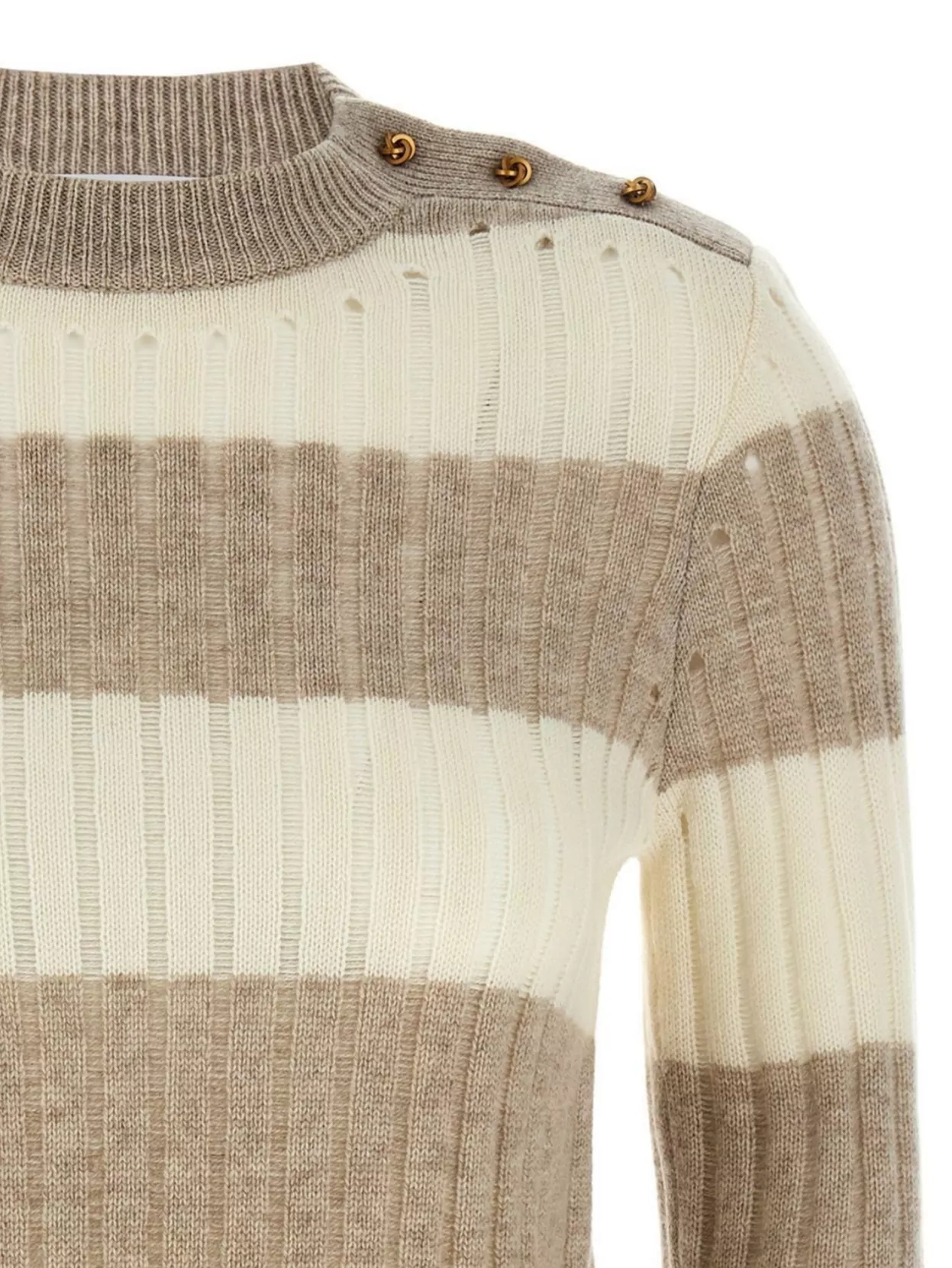 Max Mara Shoulder Button Crew Neck Striped Sweater In White