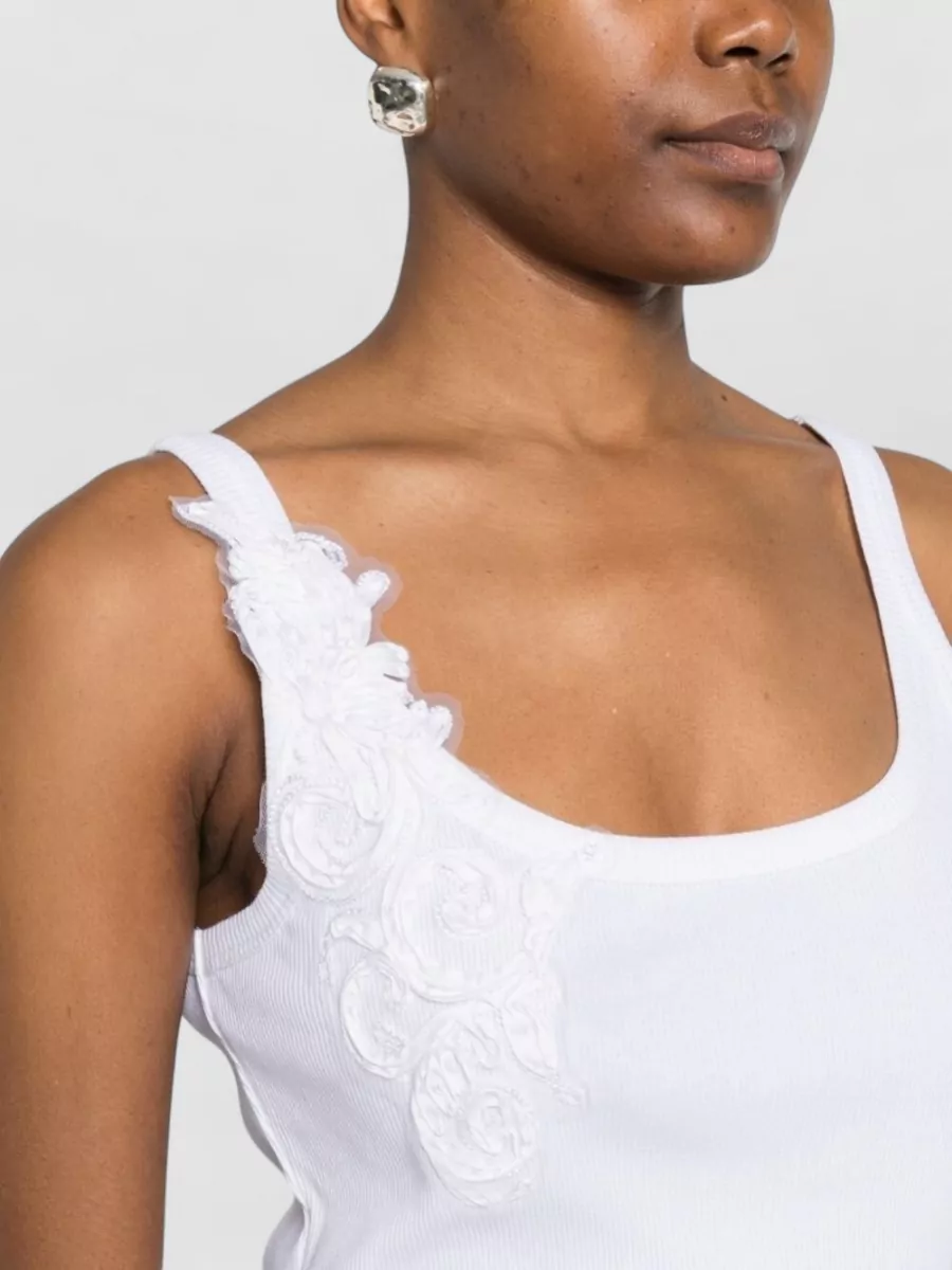 Ermanno Firenze Embroidered Cotton Scoop Neck Sleeveless Tank Top