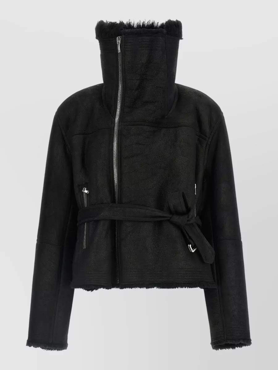 Rick Owens Shearling cropped belted funnel-neck jacket