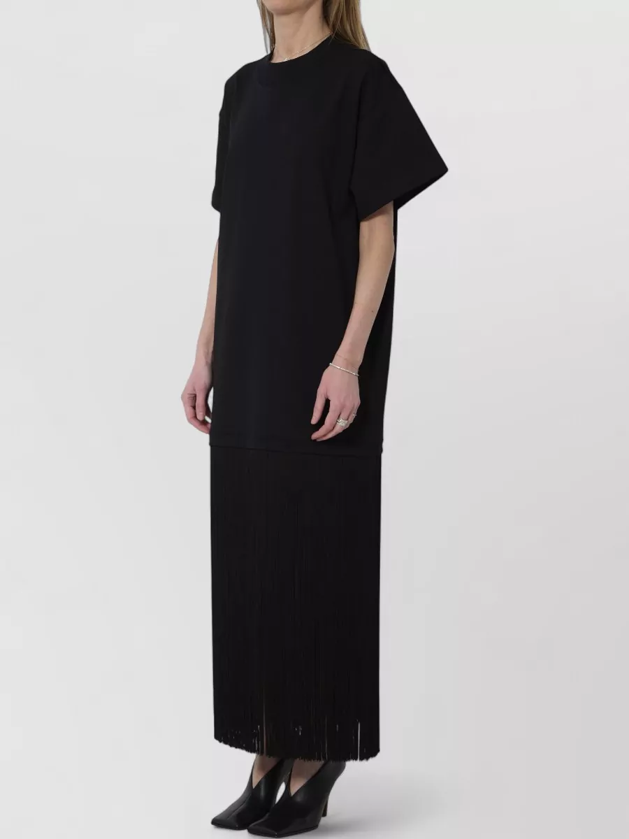 Alaïa Cotton Ribbed Crew-Neck Short-Sleeve Fringed Midi Dress