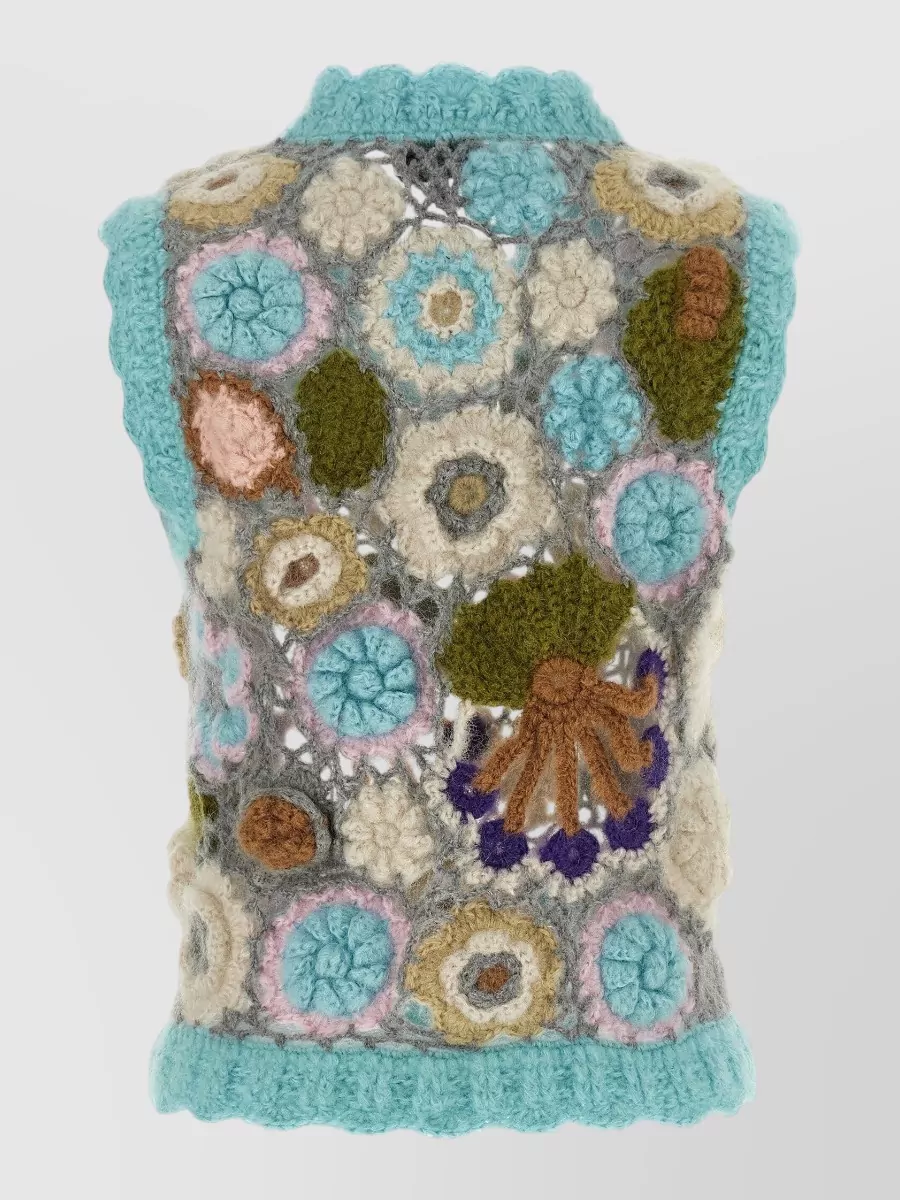 Ganni Mohair Floral Crochet V-Neck Knitted Top