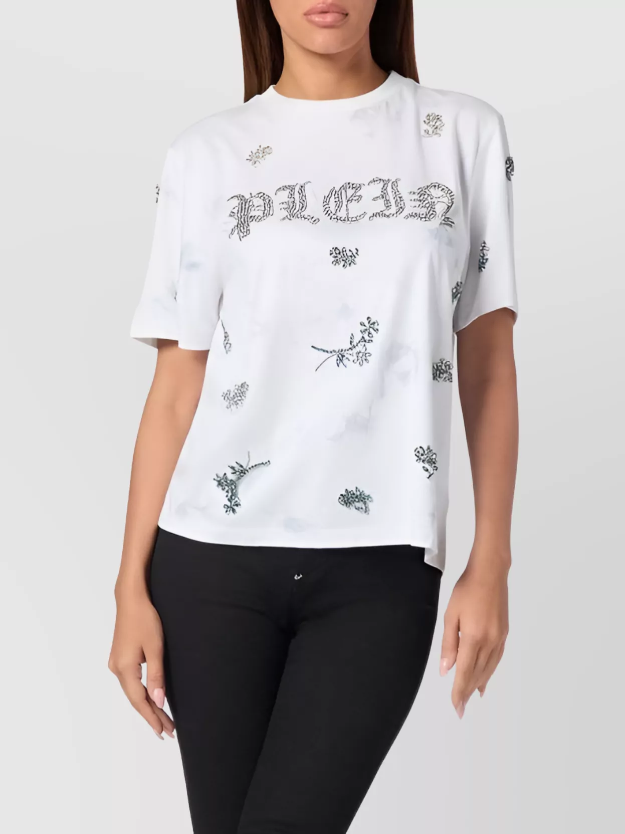Philipp Plein Crew Neck Floral Accents Relaxed Fit Tops