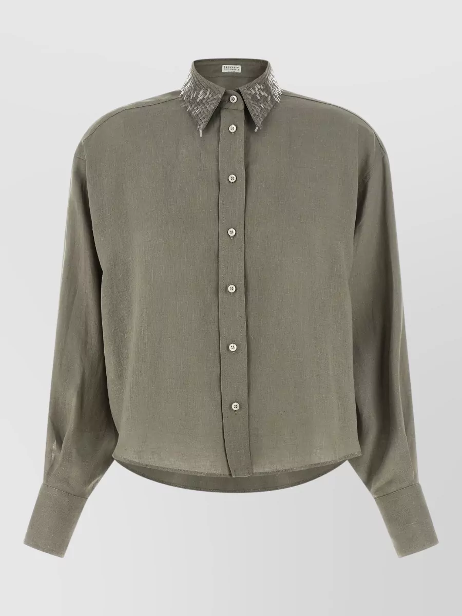 Brunello Cucinelli linen sequin-embroidered collar shirt