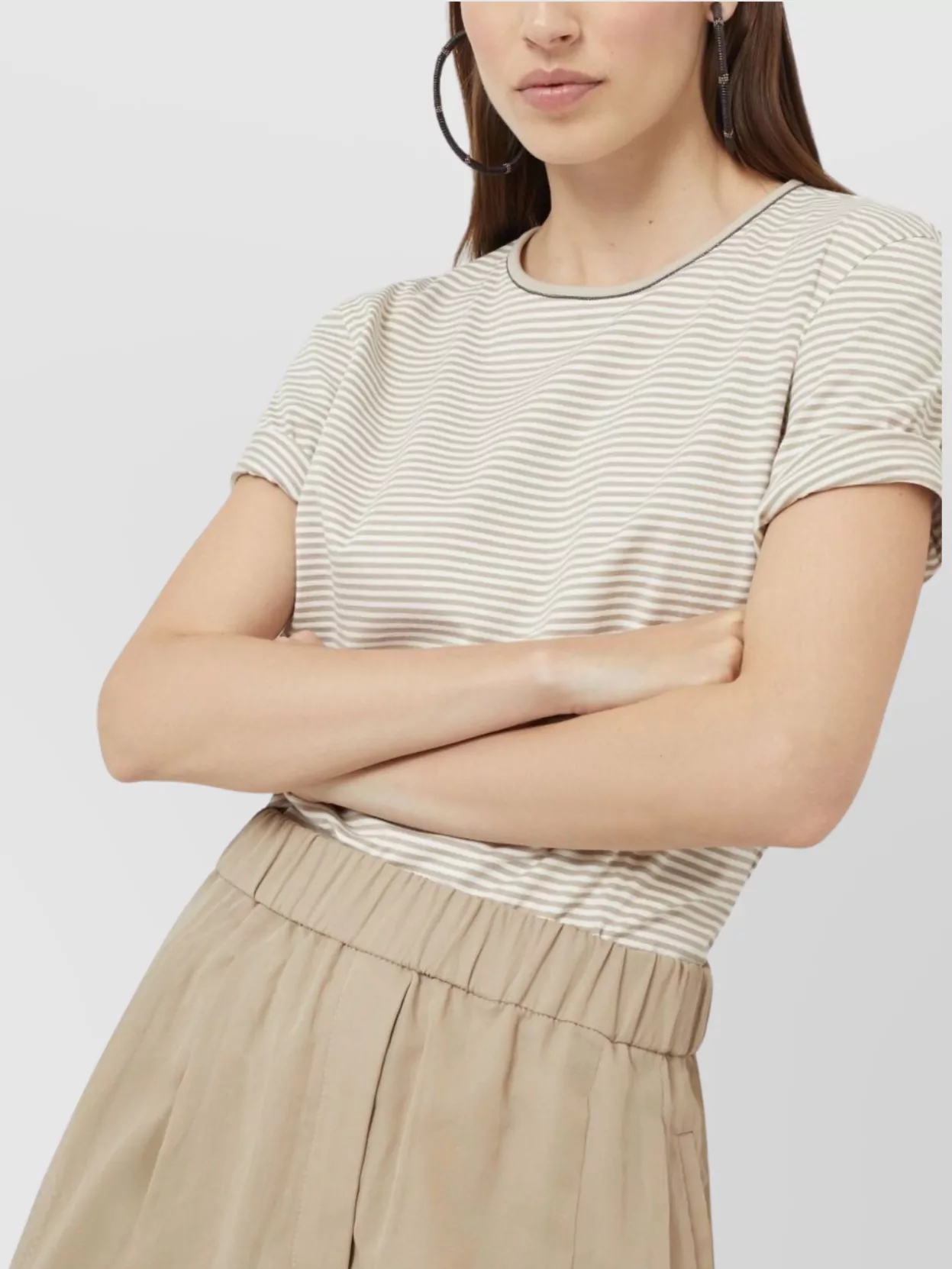 Brunello Cucinelli Striped Crew Neck T-shirt With Keyhole Detail In Neutral