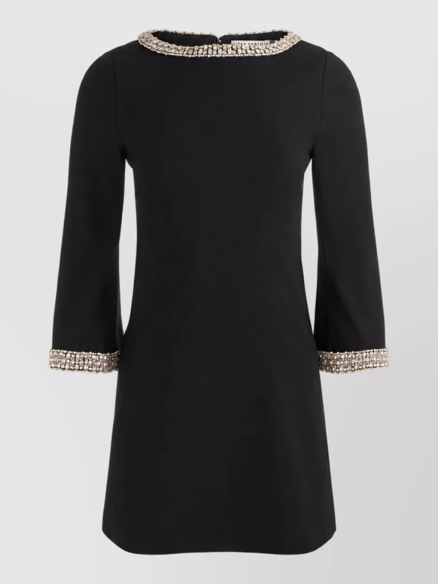 Alice + Olivia Crystal Embellished Bead Trim Boat Neck Three Quarter Sleeve Mini Dress