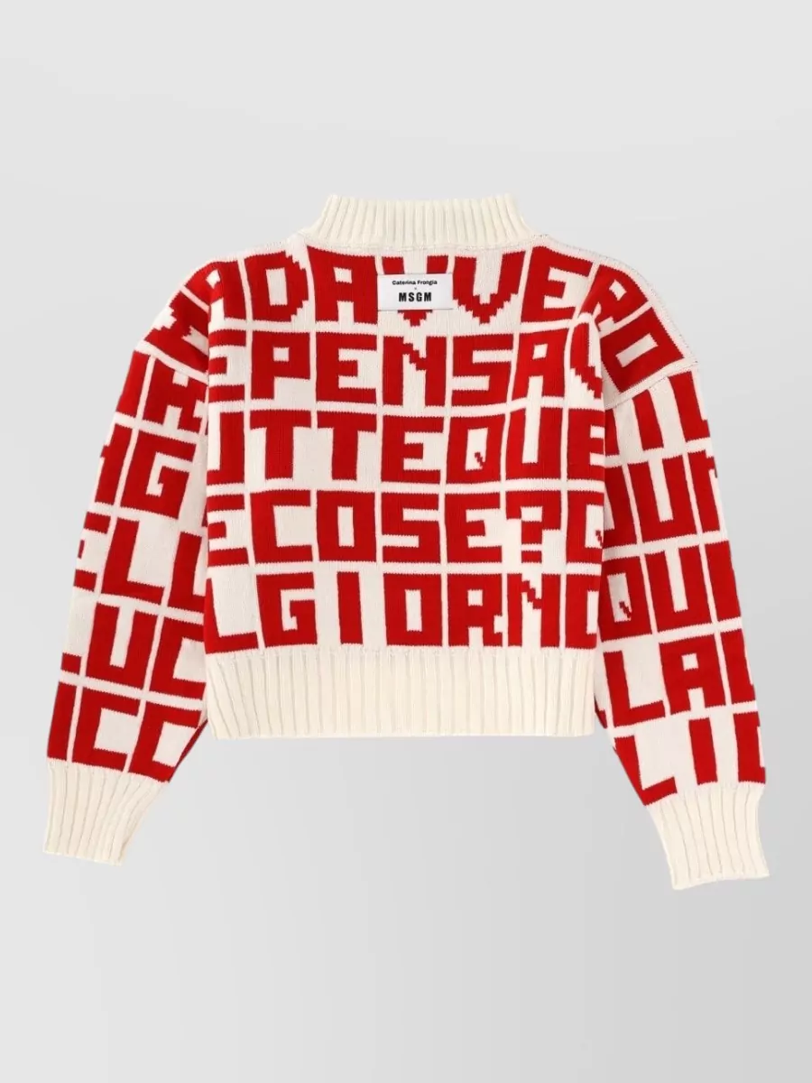 Msgm Graphic Knitwear With Mock Neck And Long Sleeves In Red