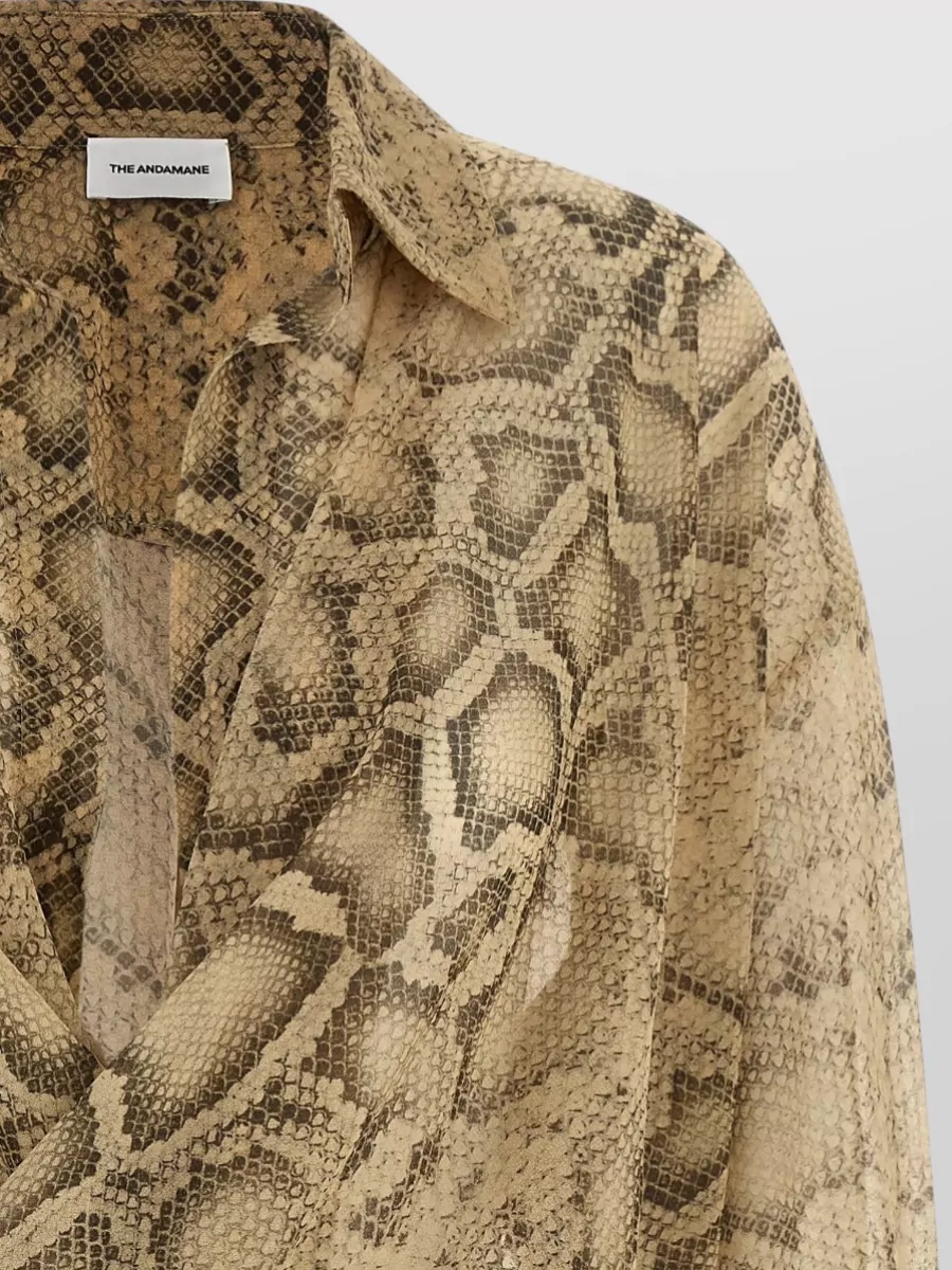 The Andamane Paloma Snake Print Collared Long Sleeve Bodysuit In Brown