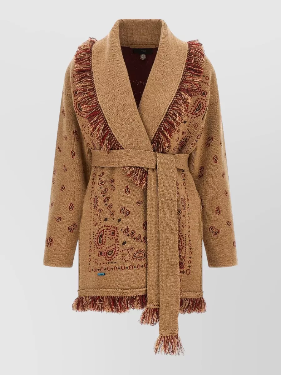 Alanui cashmere bandana jacquard fringed belted oversized cardigan