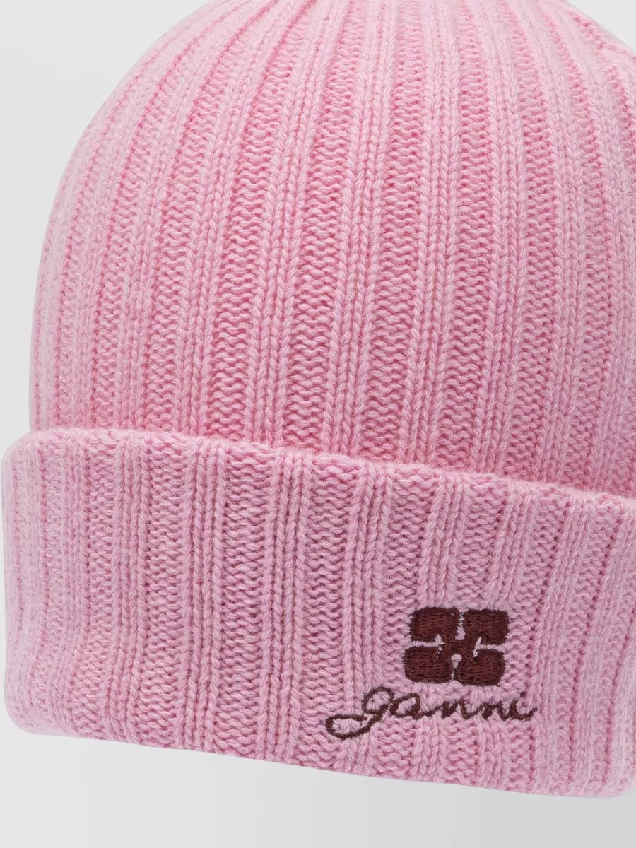 Ganni Wool Beanie Hat Rib Knit Cuff