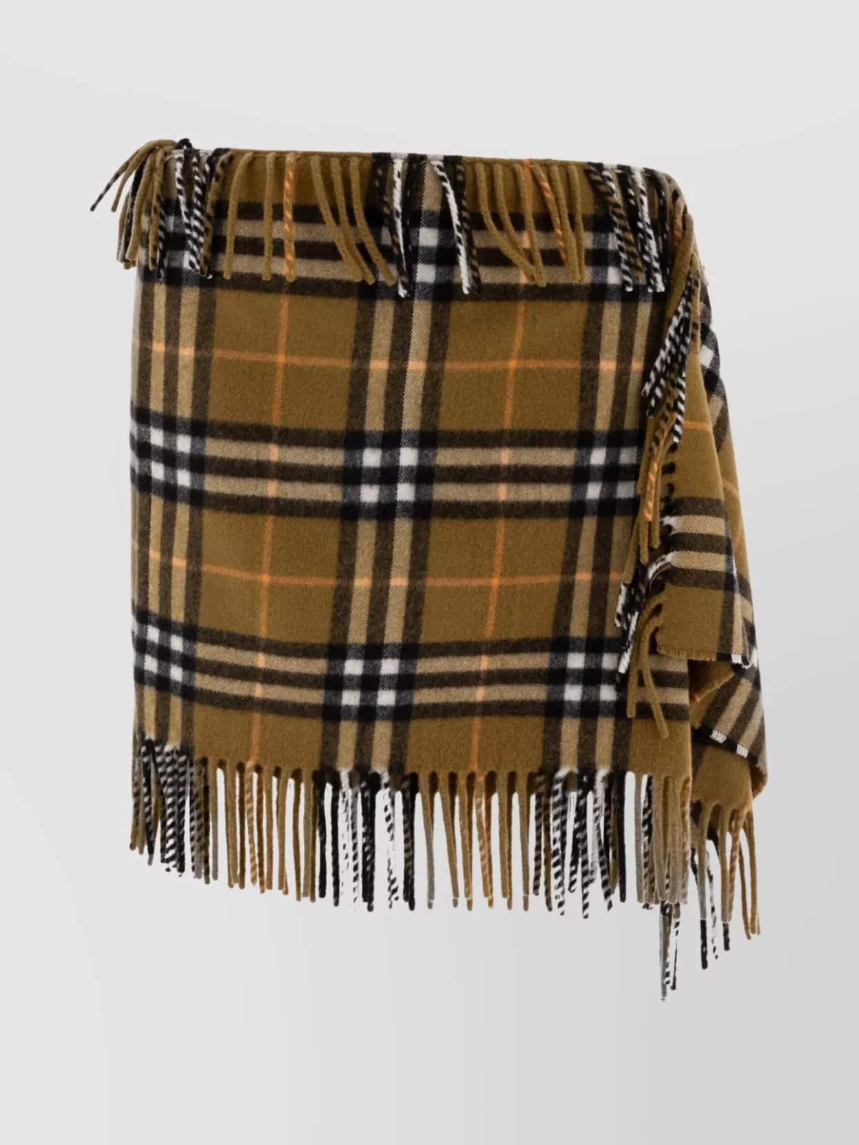 Burberry Wool Cashmere Plaid Wrap Skirt With Fringe